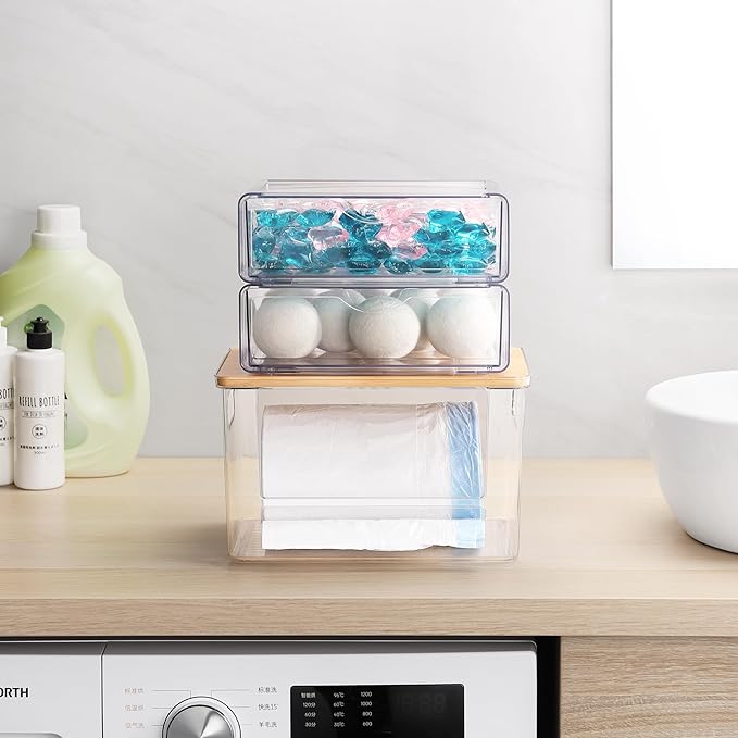 3Pcs Extra Large Laundry Room Organization and Storage, Stackable Storage Drawers, Trash Bag Holder Under Sink, Garbage Bag Dispenser Roll Holder for Vanity, Bathroom,Cabinet,Desk Organization
