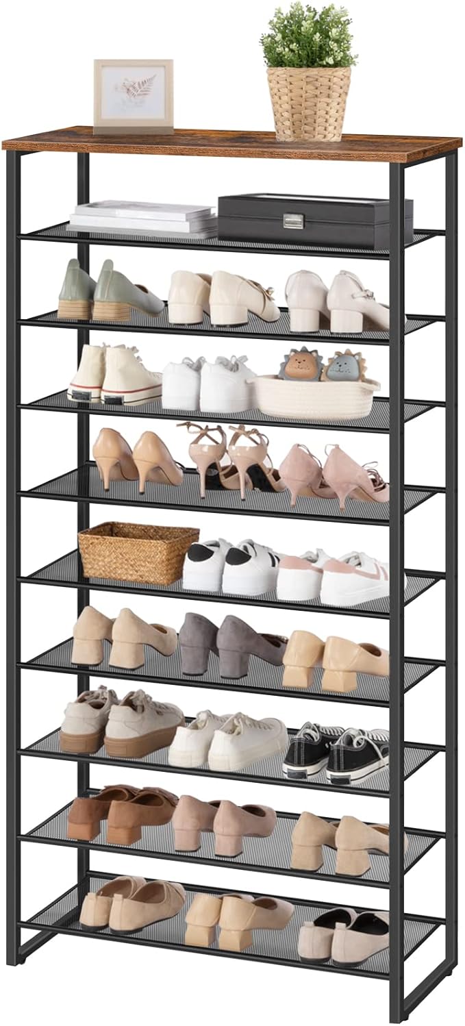 HOOBRO 10-Tier Shoe Rack, 29.5" L Shoe Storage Organizer, Large Capacity Shoe Shelf for Front Door Entrance, Entryway, Hallway, Holds 36-40 Pairs of Shoes, Closet, Rustic Brown and Black BF107XJ01-NeatNest
