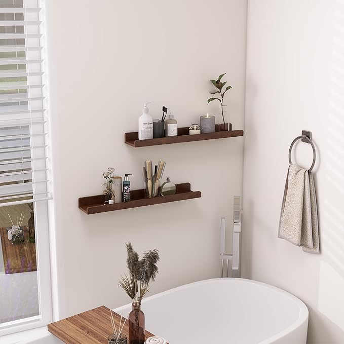 Floating Shelves for Wall | Picture Ledge Shelf Set of 2 | 24 Inch Solid Ash Wood Floating Shelves with Lip | Dark Wood Picture Shelf for Wall with Ledge | Photo Ledge Shelves-NeatNest