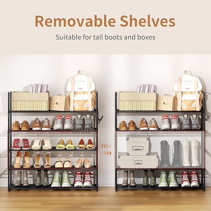 Metal Shoe Organizer,5 Tiers Shoe Storage Shoe Rack with Hooks,Fit 20-25 Pairs,Adjustable Shoe Shelf for Entryway,Hallway,Bedroom,Metal Bottom Support-NeatNest