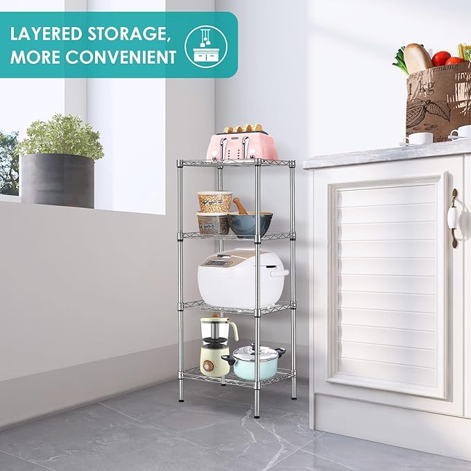 4 Tier Wire Shelving Unit, Height Adjustable Wire Shelves with 264 LBS Capacity, Metal Storage Rack Organizer for Laundry, Kitchen, Bathroom, Pantry, Closet (9.8"D x 13.7"W x 31.5"H, Silver)
