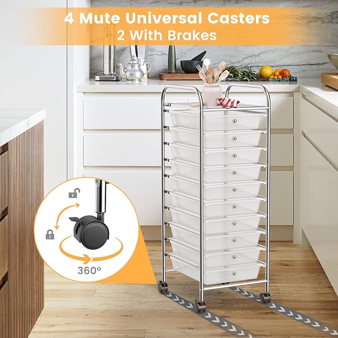 COSTWAY 10-Drawer Rolling Storage Cart, Utility Mobile Trolley with Removable Drawers & Universal Casters & 2 Brakes, Versatile Flexible Drawer Organizer Cart for Home, Office (Clear)-NeatNest