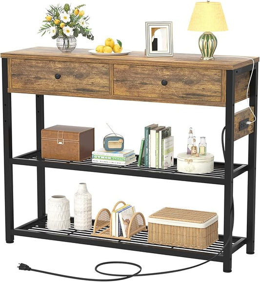 Ecoprsio Entryway Table with Outlets and USB Ports, Console Table with 2 Drawers, Small Sofa Table with Storage Shelves for Living Room, Couch, Hallway, Foyer, Kitchen Counter, 32'', Rustic-NeatNest