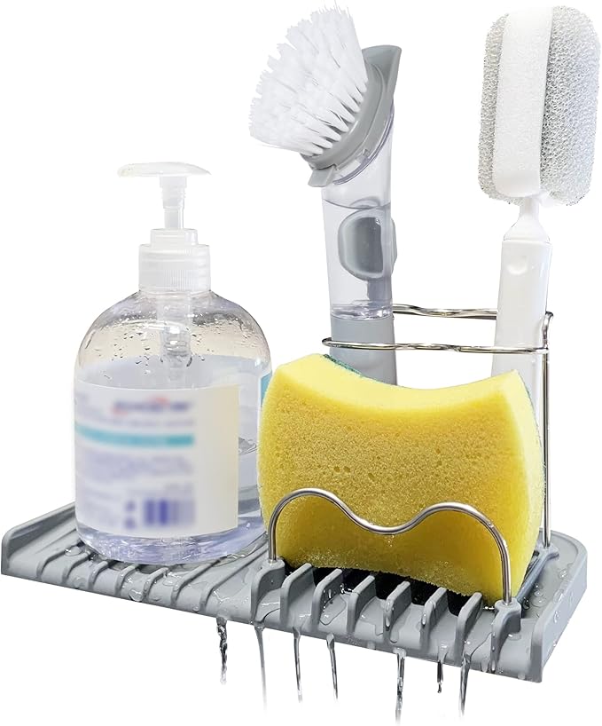 Sponge holder for kitchen sink caddy accessories gadgets, dish soap brush holder for sink organizer, soap tray holder drainer rack for bathroom -Gray-NeatNest