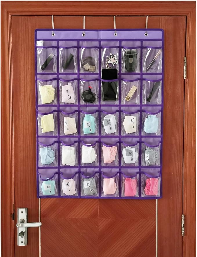 Classroom Pocket Chart for Phone Calculator Holder Over The Door Hanging Closet Jewelry Organizer with 30 Clear Pockets (Purple)-NeatNest