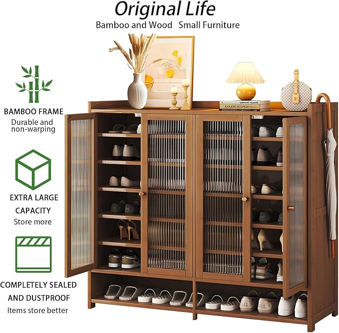 Bamboo Shoe Cabinet, 8-Tier Shoe Storage Cabinet with Doors, Freestanding Bamboo Shoe Rack Organizer with Shelves for Entryway, Hallway, Closet, Living Room (Brown-5)