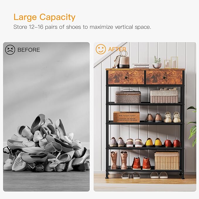 usikey Shoe Rack, 5 Tier Shoe Storage Organizer with 2 Drawers, Metal Shoe Shelf for 12-16 Pairs of Shoes, with 4 Fabric Shelves and Wooden Top, Shoe Stand for Closet Entryway, Rustic Brown-NeatNest