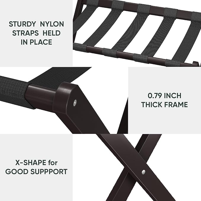 2 Pack Luggage Rack, Folding Luggage Rack for Guest Room, Brown Bamboo Suitcase Stand Holds up to 131 lb, Luggage Stand with Storage Shelf for Hotel, Bedroom