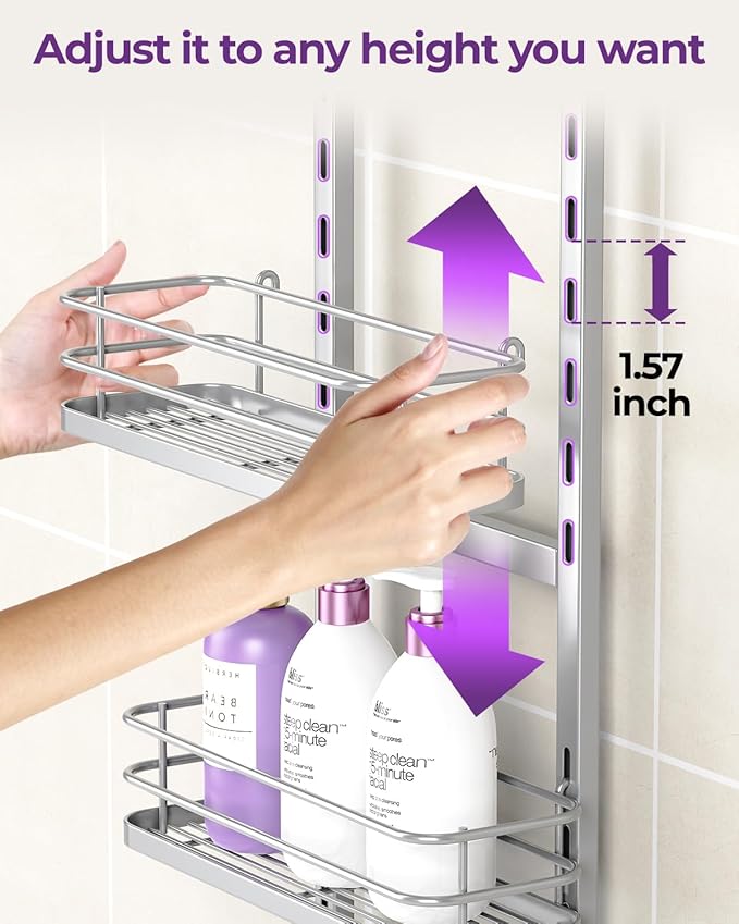ODesign 3 Tier Height-Adjustable Shower Caddy Hanging Anti-Swing-Over The Shower Head Caddy-Storage Organizer Bathroom Shelves Basket-Silver