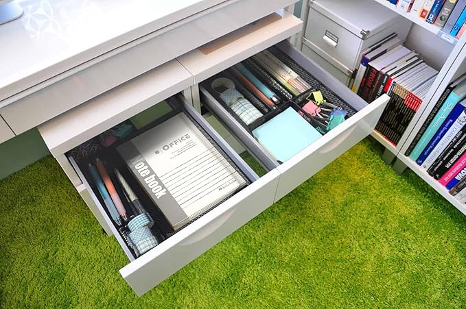 Desk Drawer Organizer Tray, 5 Compartments Metal Mesh Drawer Organizer Tray, Pen Pencil Desk Organizers and Accessories for Office Supplies, School & Makeup, 12.3 x 8.4 x1.7inch, Black-NeatNest