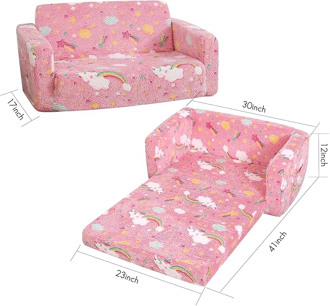 Foldable Kids Sofa Extra Wide for 2 Seats, Soft Kids Fold Out Couch Glow in The Dark,Convertible Sofa to Lounger Toddler Sofa Chair(Rainbow)-NeatNest