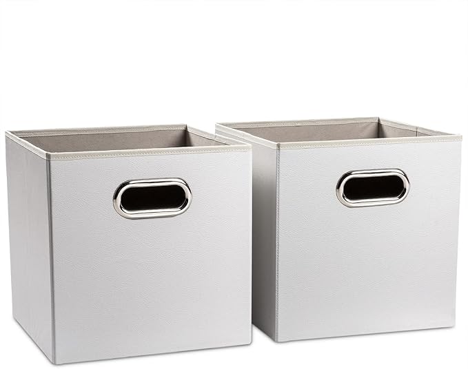 PRANDOM Leather Foldable Cube Storage Bins 11x11 inch [2-Pack] Fabric Storage Baskets Cubes Drawer with Cotton Handles Organizer for Shelves Nursery Closet Bedroom Clothes Cream-NeatNest