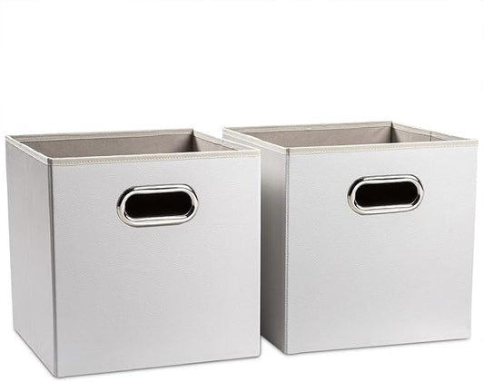 PRANDOM Leather Foldable Cube Storage Bins 11x11 inch [2-Pack] Fabric Storage Baskets Cubes Drawer with Cotton Handles Organizer for Shelves Nursery Closet Bedroom Clothes Cream-NeatNest