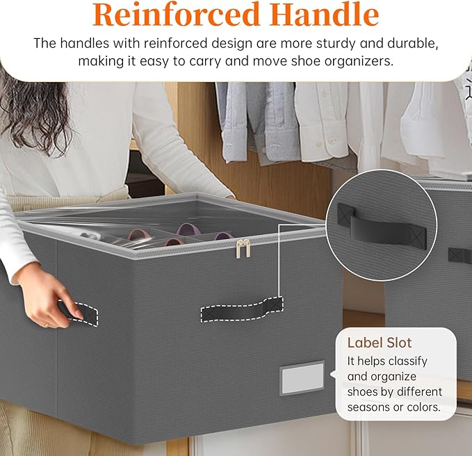 3 Pack Shoe Organizer for Closet, Foldable Shoe Storage Containers, Fits up to 24-48 Pairs, Shoe Storage Organizer Box Cubby Baskets Bins with Clear Cover and Reinforced Handles, Gray-NeatNest
