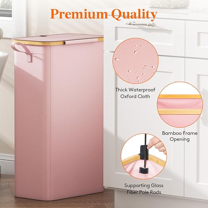 Lifewit 75L Slim Laundry Hamper with Lid, Narrow Laundry Basket with Removable Bag & Bamboo Handles, Fodable Thin Dirty Clothes Hamper for Laundry Collapsible Bin for Bathroom Bedroom Dorm, Pink-NeatNest