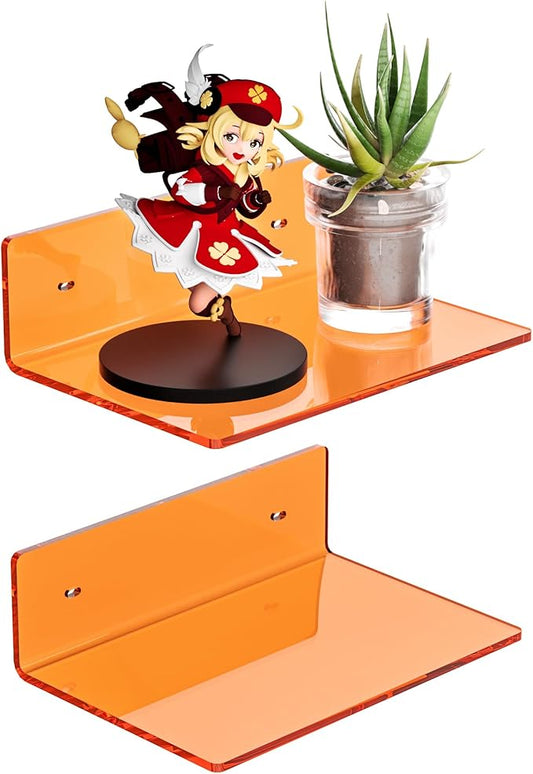 9 Inch Orange Wall Shelves, Acrylic Wall Mounting Ledges Display, Acrylic Display Wall Shelf for Funko Pop Figures, Collectibles, Plants, Décor, Toiletries, Spices, 2 Pack-NeatNest