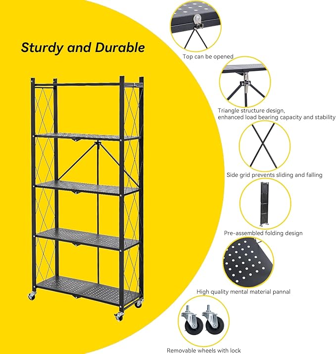 BRIAN & DANY 5-Tier Foldable Storage Shelves with Wheels, Folding Metal Rack Shelving Unit, Heavy Duty No Assembly Organizer Shelf for Garage, Kitchen, Basement, Pantry, Black-NeatNest