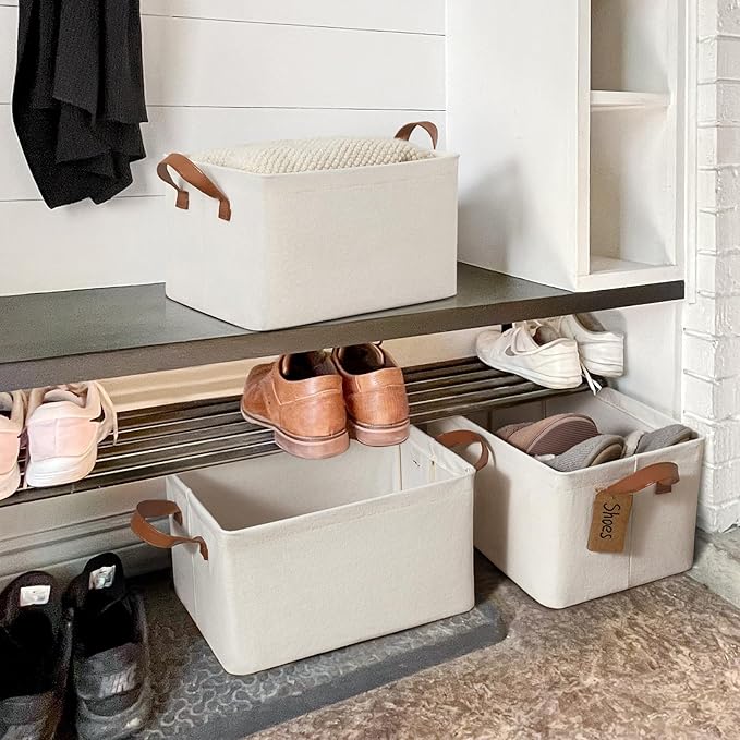 CHICVITA Storage Bins for Shelves, Closet Bins for Organization, Collapsible Storage Baskets for Towels, Rectangle Basket for Bedroom, 14 ¾" L x 10 ¼" W x 8 ¼" H, Beige, 2-Pack-NeatNest