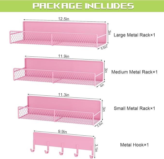 4 Pack Magnetic Shelves for Washing Machine, Heavy-Duty Magnetic Laundry Organizer with Hooks, Washing Machine Shelf for Refrigerator, Metal Storage Baskets, Closet & Laundry Room Organization (Pink)