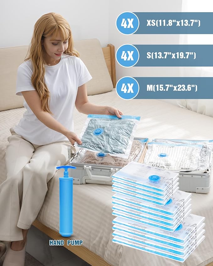 Travel Vacuum Storage Bags with Hand Pump, 12 Pack (4M+4S+4XS) Vacuum Seal Bag Travel Essentials Space Saving Bags for Clothes, Luggage, Carry-on Suitcase, Backpack, Holiday Business Trip-NeatNest