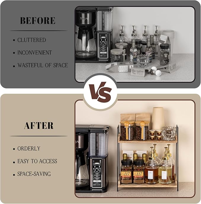 Countertop Coffee Station Organizer, 2 Tier Wooden Shelf for Coffee Bar Accessories, Condiment Storage Caddy for Kitchen, Home, Office - Brown-NeatNest