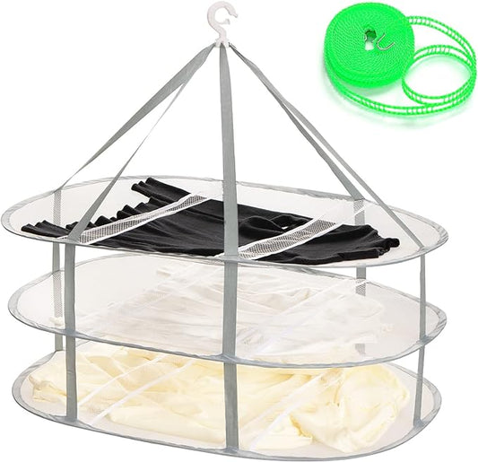 AUTODECO 3-Tier Folding Mesh Clothes Hanging Dryer, Sweater Drying Rack, Large Laundry Drying Rack, Lay fold Flat Dry Hanger, Mesh Clothes Hanging Dryer - XL(3Tier)
