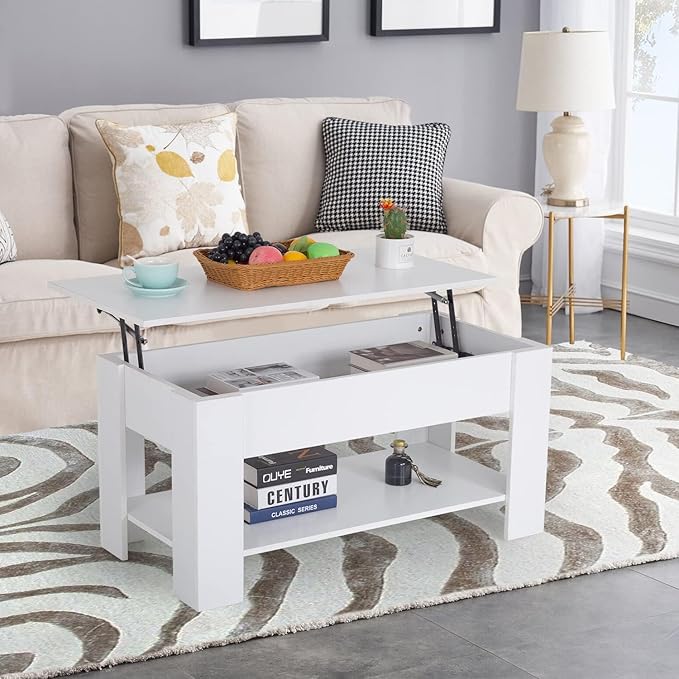 FDW 39.4" Lift Top Coffee Table with Hidden Compartment and Storage Shelf Wooden Lift Tabletop for Home Living Room Reception Room Office,White