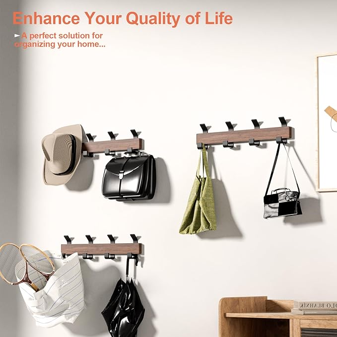 Coat Rack Wall Mount，Solid Walnut Coat Hooks Wall Mount with 4 Large Double Wall Hooks for Hanging Coats，Backpacks，Towels，etc. Wall Mounted Coat Rack for Entryway, Bathroom,etc, Walnut+black-NeatNest