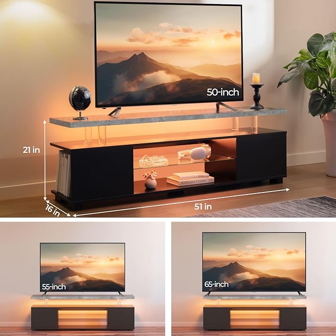 Grey TV Stand 65 inch,LED TV Stand for Living Room,Glass Entertainment Center TV, Grey and Black TV Console Tables for Living Room,Bedroom,Home Office-NeatNest