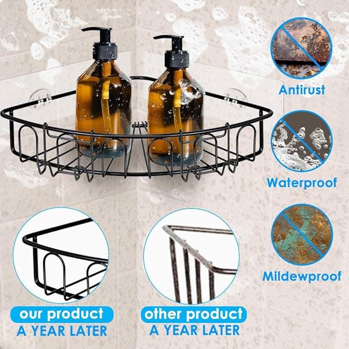 Orimade Corner Shower Caddy Stainless Steel with Hooks Wall Mounted Bathroom Shelf Storage Organizer Adhesive No Drilling 2 Pack, Black Only for 90-Degree Corner