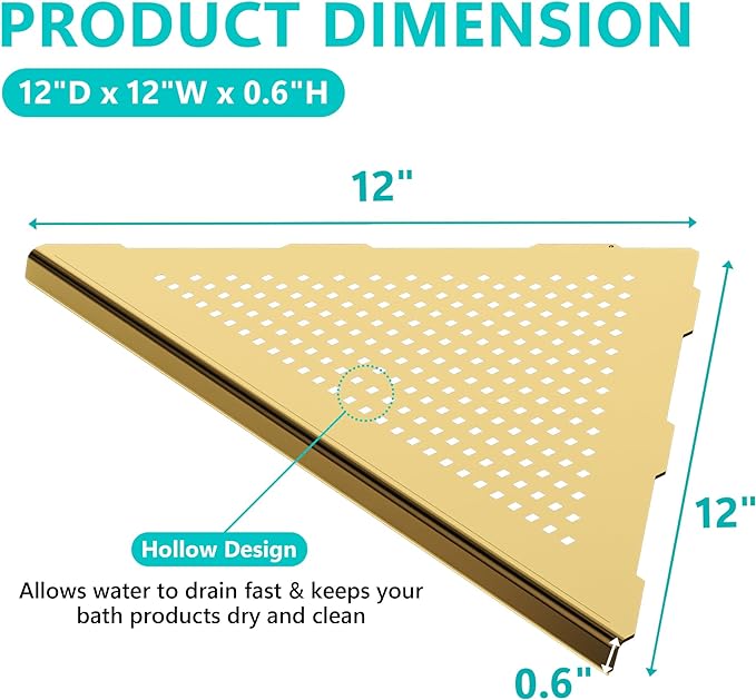 2 Pack Bathroom Corner Shelf, Recessed 12" Corner Shower Shelf, SUS304 Stainless Steel Triangular Wall Mount, No Drilling, Brushed Golden