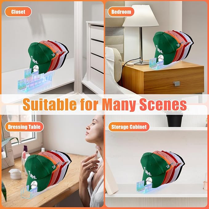 Hat Stand for Baseball Caps, 2 Pack No Install Acrylic Hat Organizer for 14 Baseball Caps Storage Organizer, Hat Racks Hat Holder Display and Organization for Closet, Bedroom, Dresser (Colorful-2Pack)-NeatNest