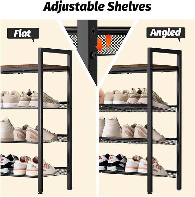 Shoe Rack for Front Door Entrance, 4 Tier Shoe Rack for Entryway, 12-16 Pairs of Shoes, Metal Shoe Rack Organizer, Free Standing Shoe Rack for Closet (Black+Rustic Brown)-NeatNest