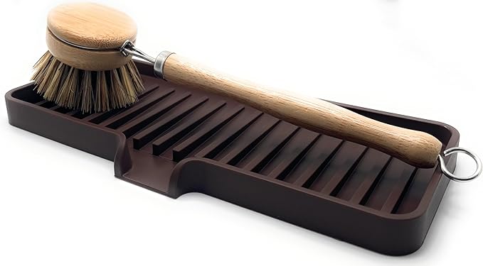 Happitasa Silicone Soap Dish Tray and Sponge Holder with Drain Chute | Bathroom and Kitchen Sink Organizer Caddy (Dark Chocolate, 9"x3.5", 5.6 Ounces)-NeatNest