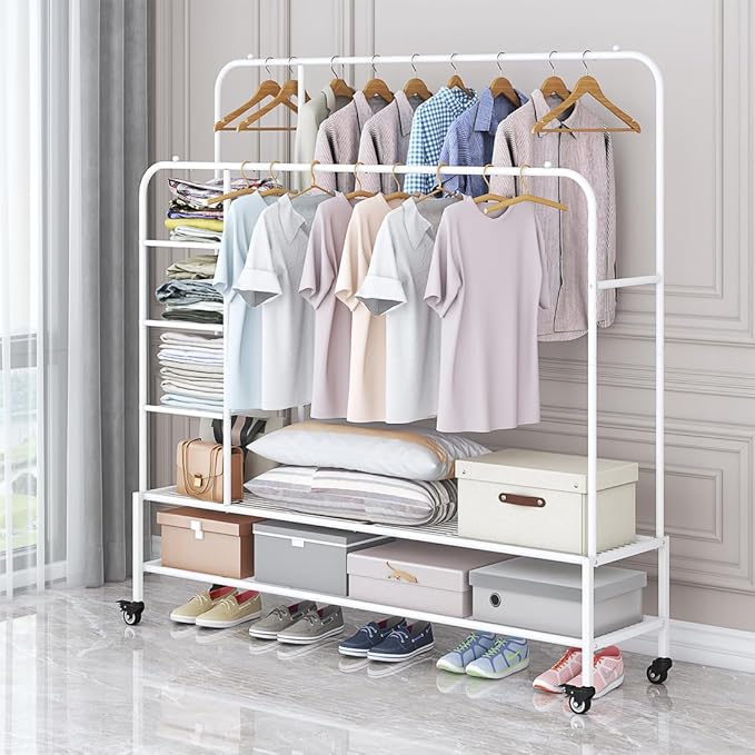 Garment Rack for Hanging Clothes Rack Heavy Duty Portable with Bottom Metal Shelf Drying Coats Shirt,Black (White+Double Rods+Shelf)-NeatNest