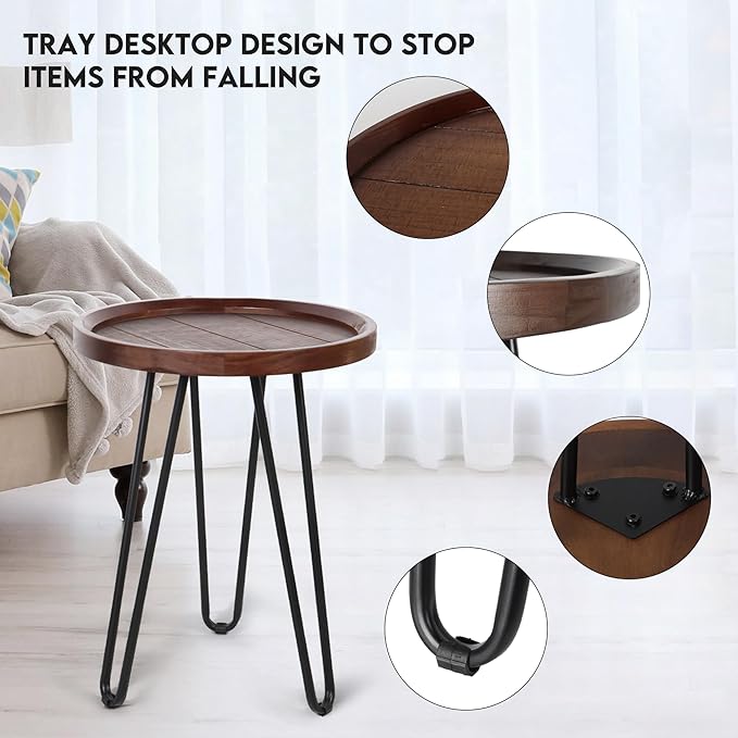 Oakrain Walnut Nesting Tables, Set of 2 - Small Round Farmhouse End Tables, Coffee Table, Hallyway