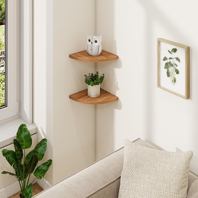 Fun Memories Corner Shelf Wall Mount, Solid Oak Wood Floating Corner Shelves with Cable Hole, 7in Rustic Design for Bedroom, Bathroom, Kitchen, Living Room (Natural, 1 Pack)-NeatNest