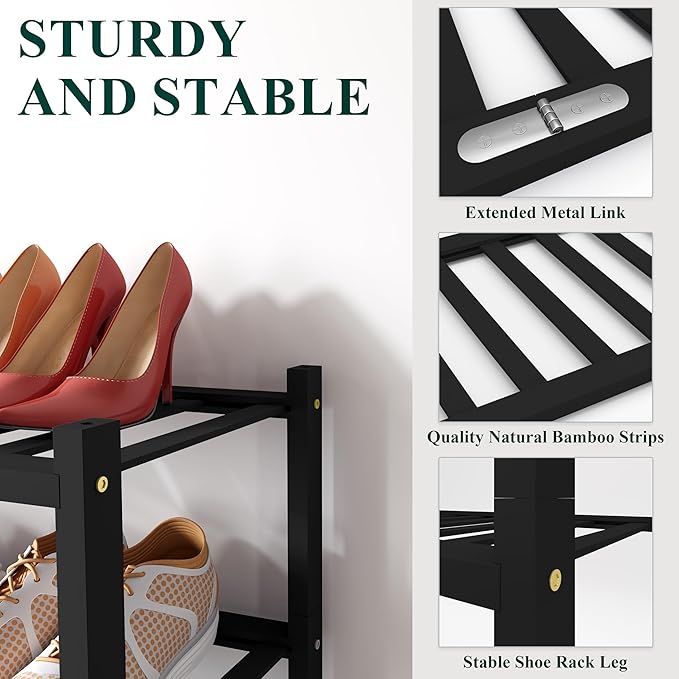 Smiry Shoe Rack, 2 Tier Bamboo Shoe Organizer, Stackable Free Standing Wooden Shoe Storage Shelf for Closet, Entryway, Front Door Entrance, Black-NeatNest