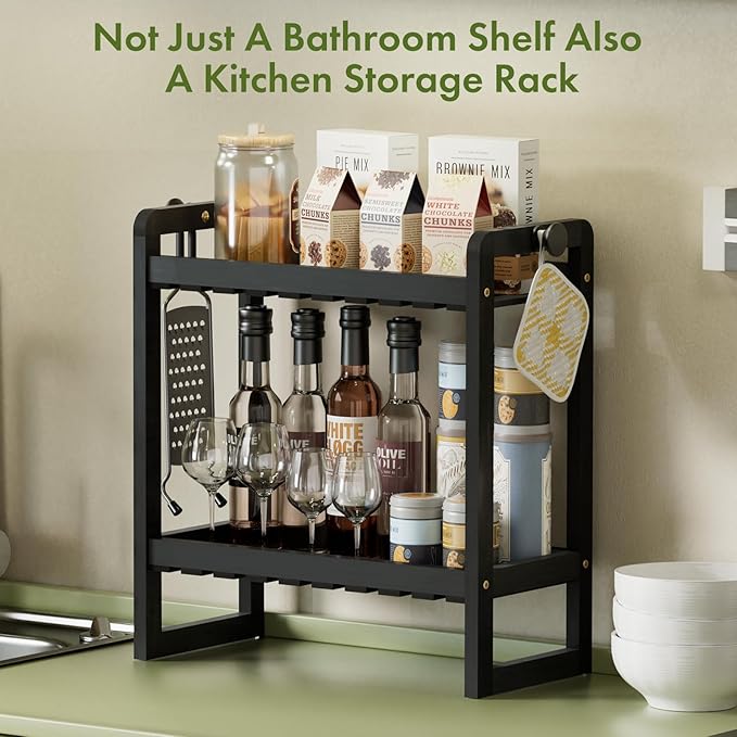AmazerBath Bamboo Over The Toilet Storage Shelf - 2-Tier Bathroom Organizers and Storage Shelves, 2 in 1 Dual Stable Above Over Toilet Bathrooms Shelf Home Storages Rack for Small Bathroom, Black-NeatNest