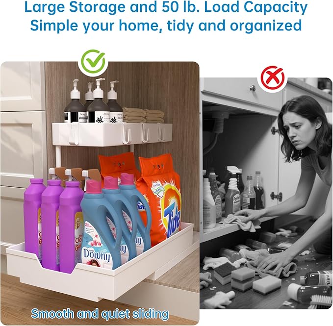 2-Tier Under Sink Organizers and Storage 2 Pack Sliding L-shape Under Cabinet Organizers For Narrow Space Multi-purpose Sink Organizer for Bathroom Kitchen Drawer(White 2 Pack)-NeatNest