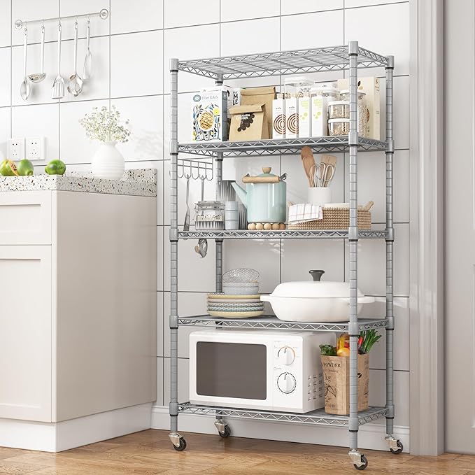 Homdox 5 Tier Adjustable Rolling Storage Shelves, Heavy Duty Wire Racks and Shelving, Metal Shelves for with Side Hooks Pantry Closet Kitchen Garage Organization, Silver Gray-NeatNest