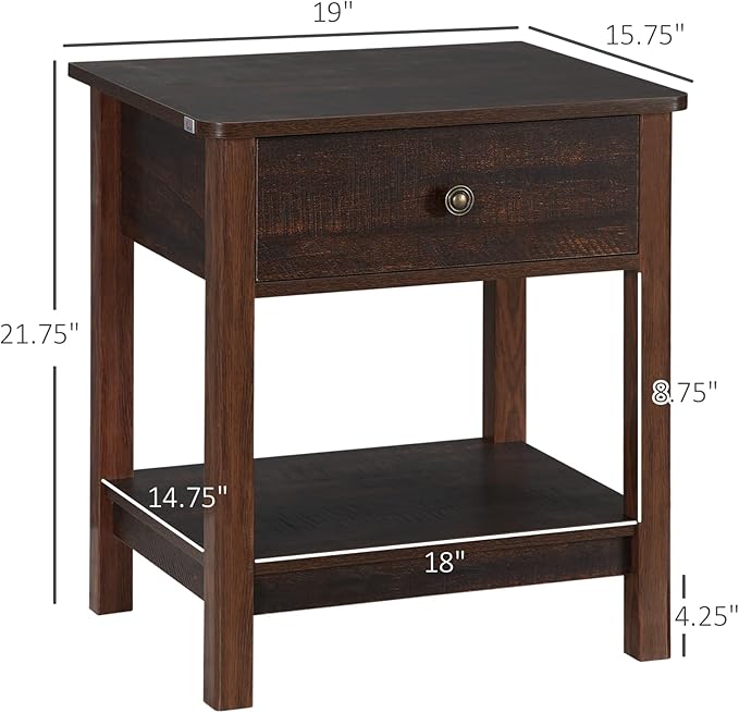 HOMCOM End Table with Drawer, Side Table with Top and Bottom Shelf for Small Spaces, Dark Brown