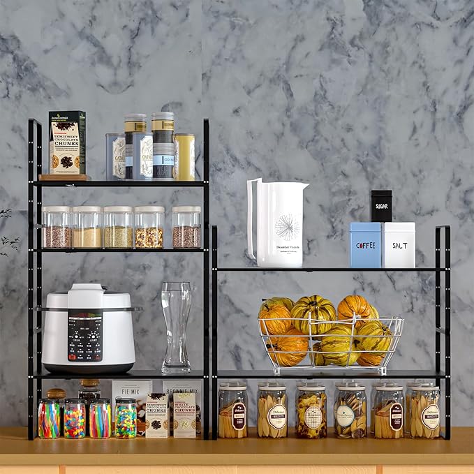 Expandable Kitchen Cabinet Shelf Organizers 2 Pack, Stackable Metal Pantry Storage Shelves Rack, Adjustable Counter Shelf for Cabinets, Countertop, Cupboard Organizers and Storage, Black-NeatNest