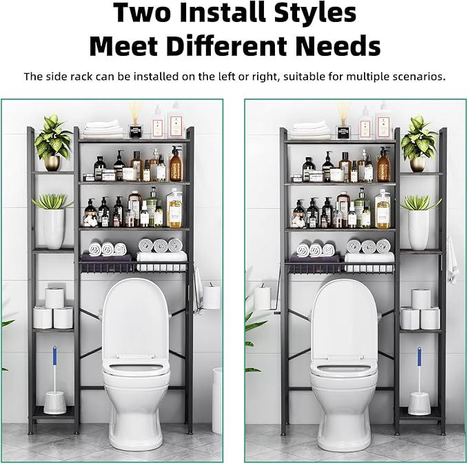 8-Tier Over The Toilet Storage with Side Rack, Over Toilet Storage Rack with Adjustable Shelf & Drain Basket, Freestanding Bathroom Organizer for Balcony, Laundry (Modern Grey)