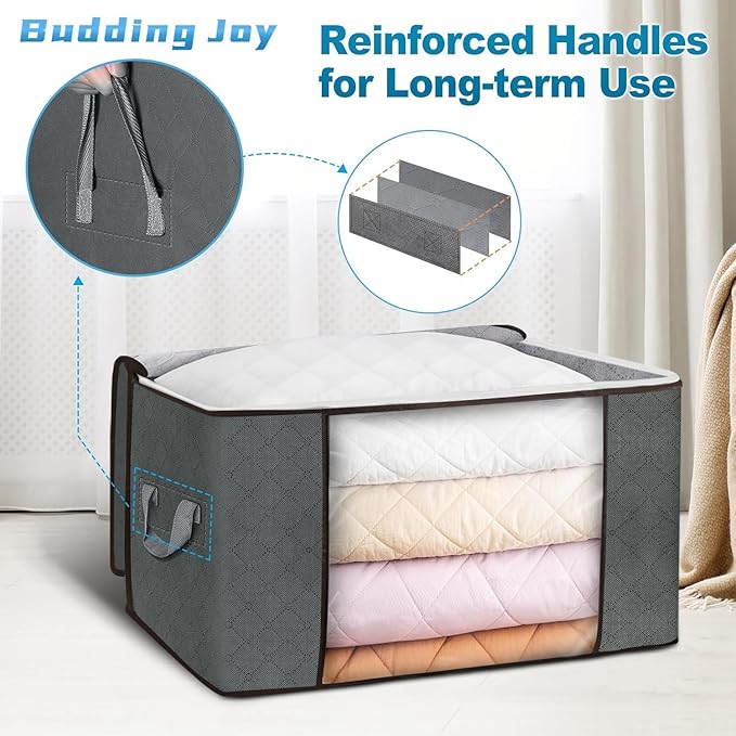 Budding Joy Clothes Storage, Foldable Large Blanket Storage Bags with Zippers, Storage and Organization for Clothing, Comforter, Bedding, Toys, Closet Organizers with Enhanced Handle, 60L 6 Pack Gray-NeatNest
