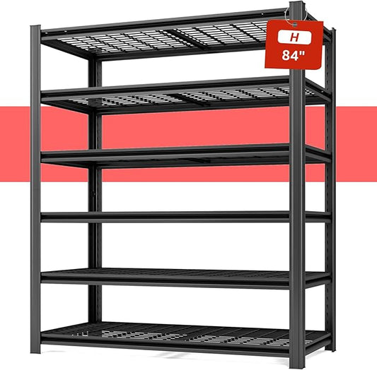 6 Tier Metal Garage Shelves, 84" H x 55.12" W x 24" D, 3600LBS Storage Heavy Duty Garage Shelving, Adjustable Shelving Unit for Warehouse, Basement, Kitchen, Store Display, Black-NeatNest