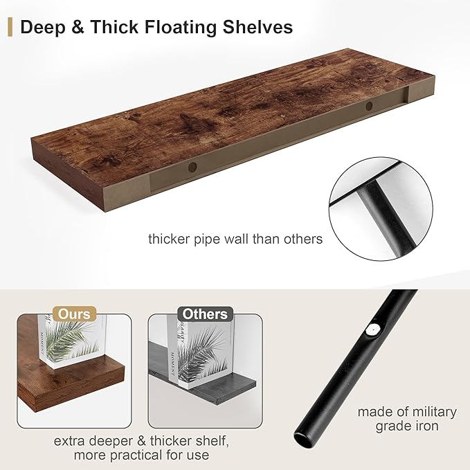 Heimlove Rustic Brown Bathroom Shelves Floating Shelves for Wall Shelf Over Toilet Long Wall Mounted Modern Farmhouse,48 x 12 Shelves with Invisible Brackets for Living Room, Kitchen, Bedroom-NeatNest