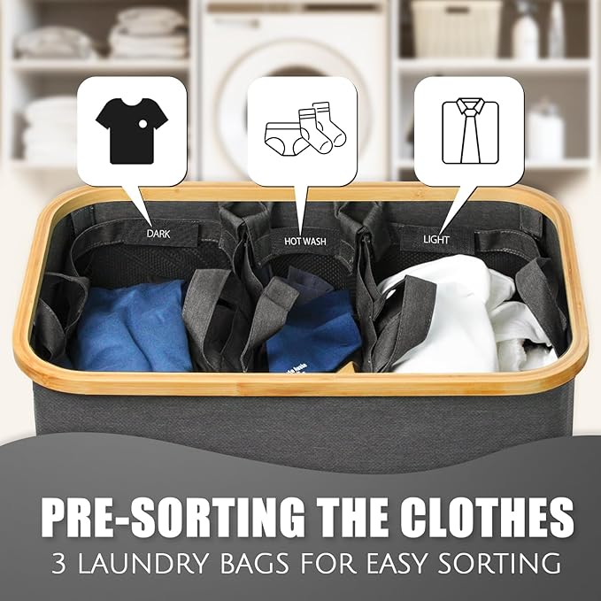 Laundry Hamper with Lid, 145L Extra Large Hamper 3 Section Dirty Clothes Hampers for Divided Basket Organizer for Bedroom, Laundry Room, Grey-NeatNest