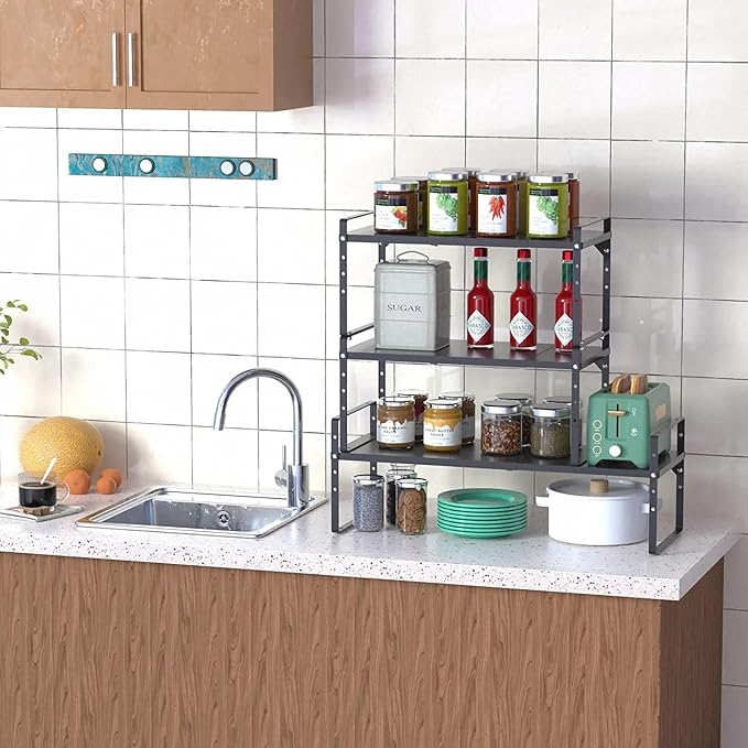 Expandable Kitchen Cabinet Shelf Organizers 3 Pack, Stackable Metal Pantry Storage Shelves Rack, Adjustable Counter Shelf for Cabinets, Countertop, Cupboard Organizers and Storage, Black-NeatNest