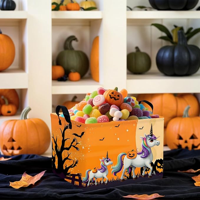 Halloween Basket Gift Cute Pumpkin Ghost Parties Decor Kid Trick or Treat Basket for Boys and Girls Rectangular Storage Bin Box (Unicorn Bat)-NeatNest